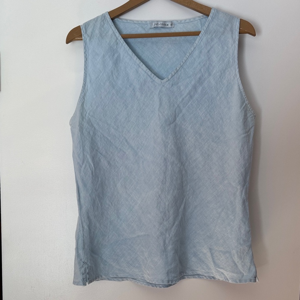 cut loose 100% Linen Light Blue Flowy V-Neck Bias Tank | Women's Extra Large